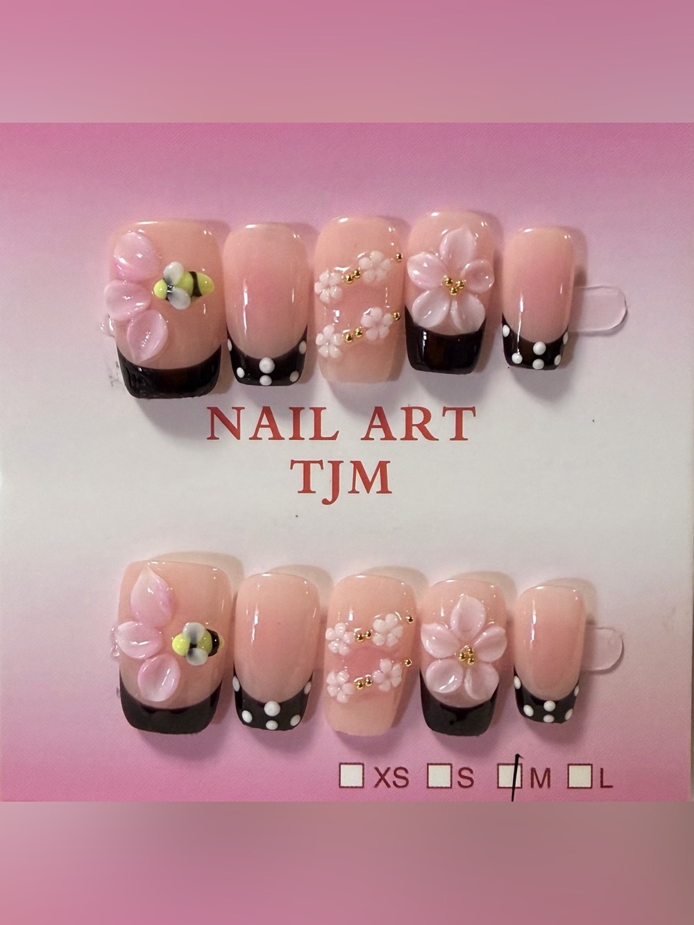 Pink Floral & Black Tip Nail Art Set